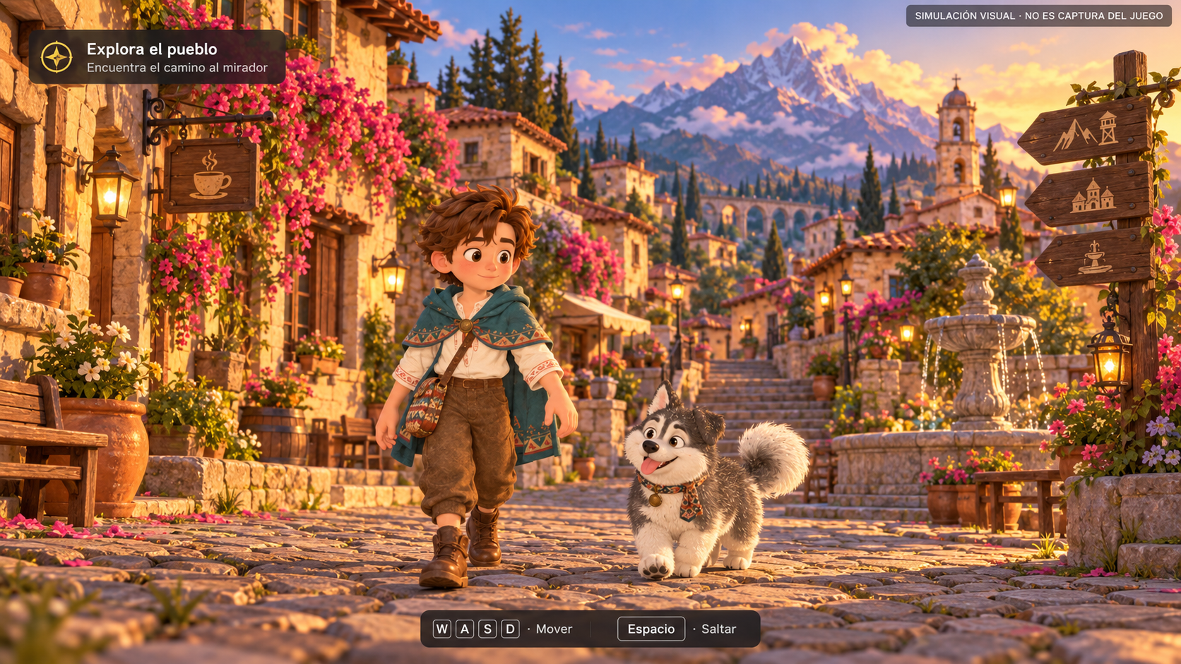 Visión artística de Pablo y su compañero Wisko en un pueblo de montaña