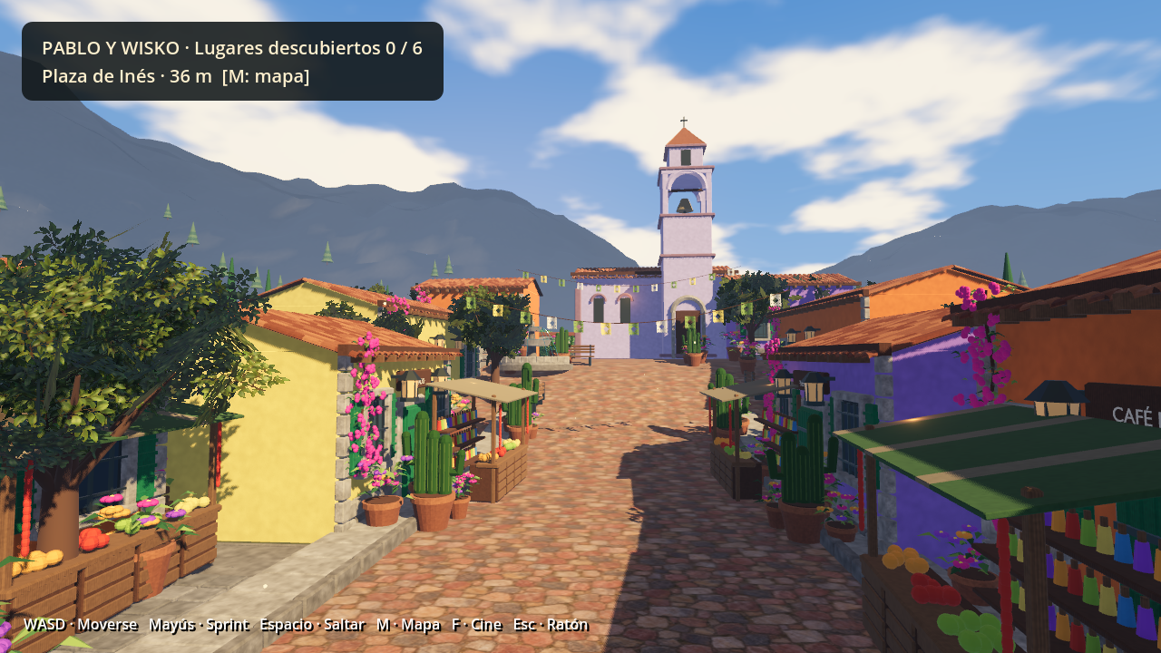 Captura real del prototipo: calle empedrada con casas de colores y una iglesia